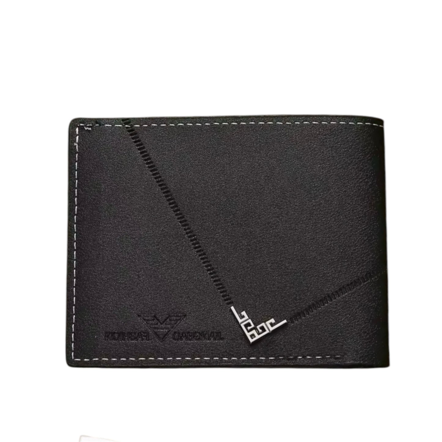 A black men's wallet with a logo embossed on the front.