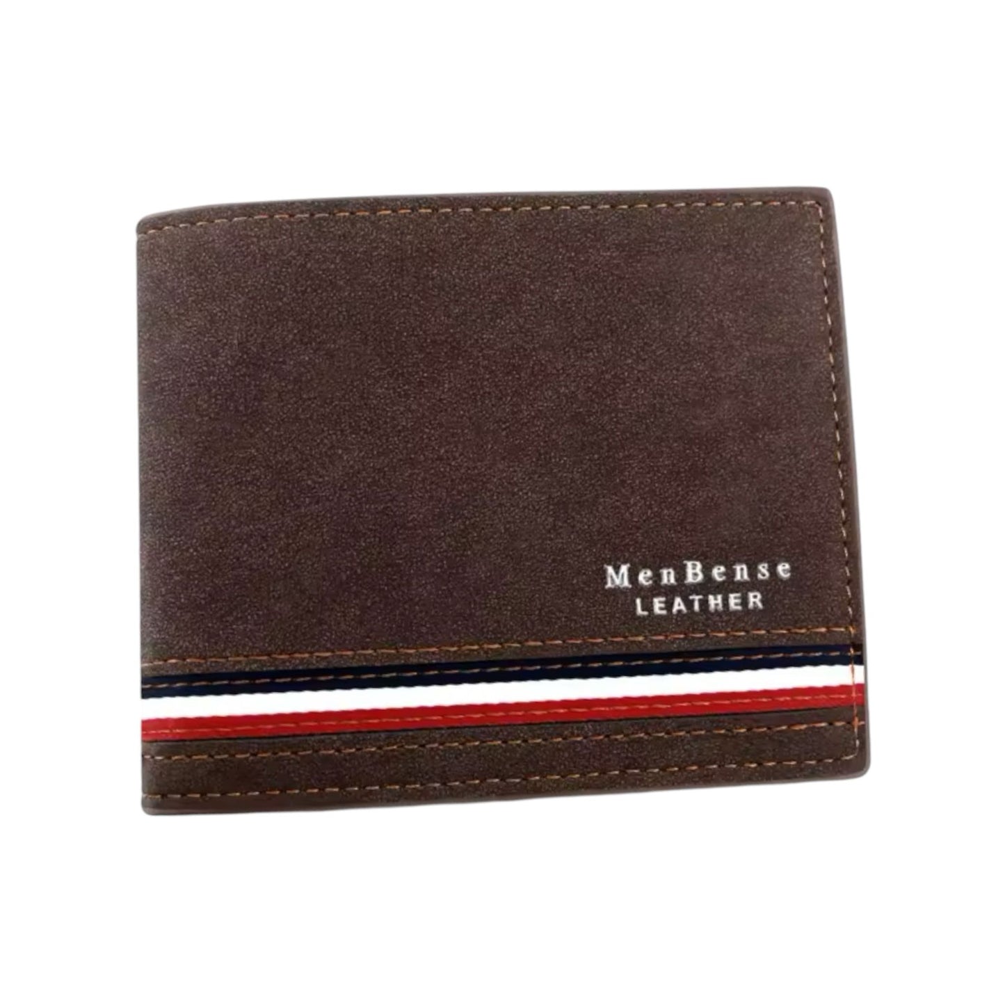 A brown MenBense leather wallet with a stripe of red and white on the front.