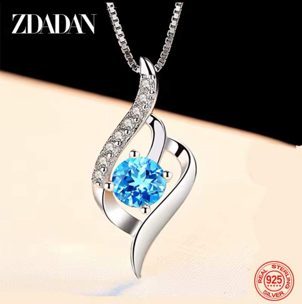 925 Silver Blue Crystal Necklace Chain For Women